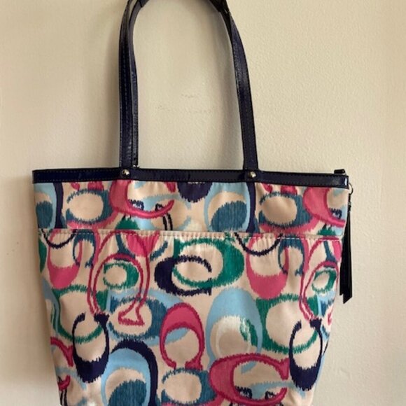 COACH Ikat Scribble Tote Double Handle Bag Blue Pink - Picture 4 of 15
